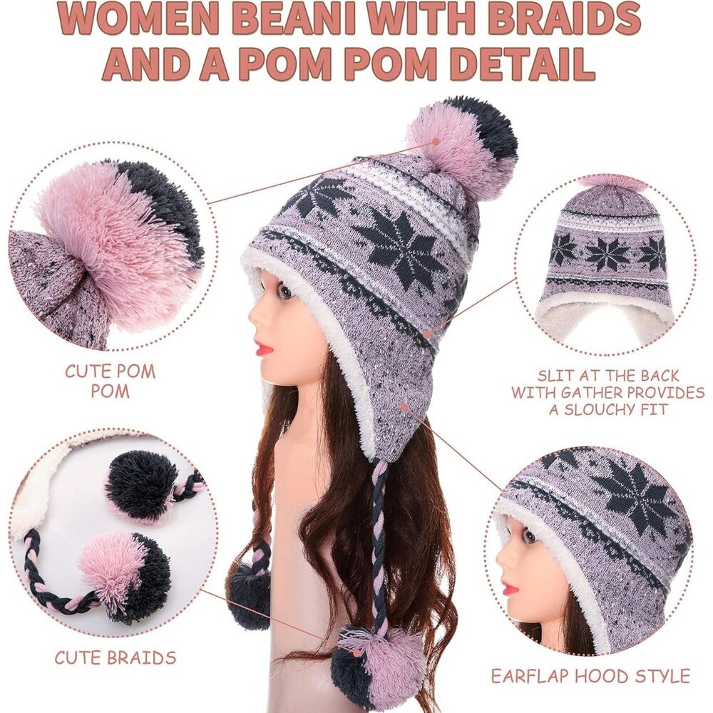 Women Pink Pompom Long Ear Straps Beanie Winter Warm Fleece Lined Ski Hats Cap - Picture 2 of 6